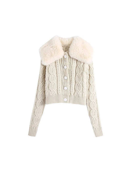 Beige Cable Knit Short Sweater With Faux Fur Collar - BEYAZURA.COM
