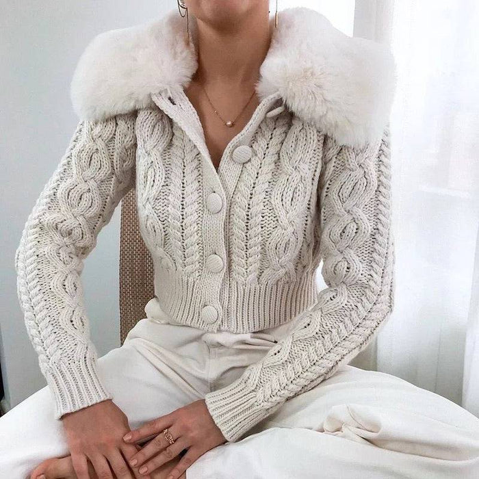 Beige Cable Knit Short Sweater With Faux Fur Collar