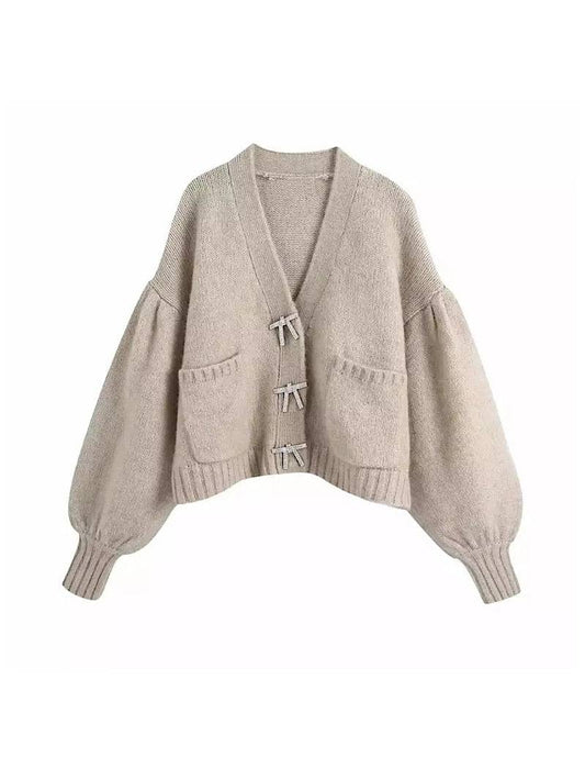 Beige Cozy Loose Sleeve Sweater With Rhinestone Buttons - BEYAZURA.COM