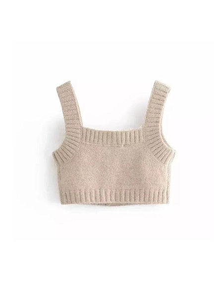 Beige Cropped Cozy Sweater Top With Rhinestone Buttons - BEYAZURA.COM