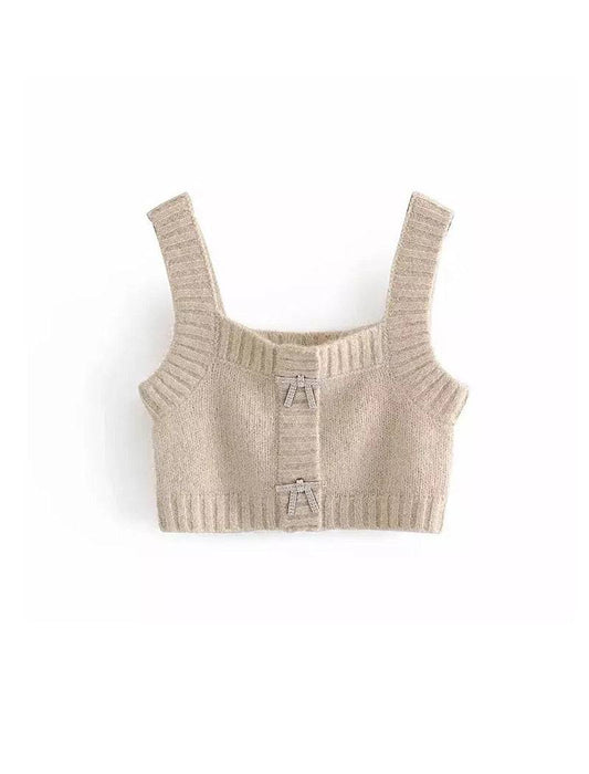 Beige Cropped Cozy Sweater Top With Rhinestone Buttons - BEYAZURA.COM