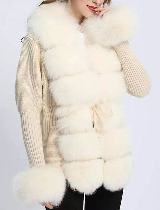 Beige Detachable Fox Fur Trimmed Ribbed Knit Sweater - BEYAZURA.COM
