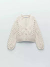 Beige Embroidered Cardigan With Pearl Buttons - BEYAZURA.COM