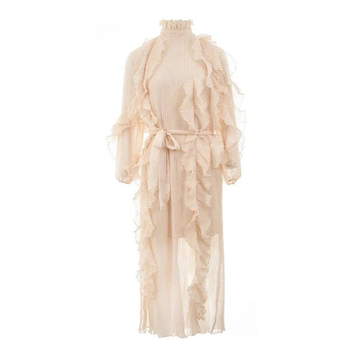 Beige High Neck Ruffle Pleated Maxi Dress - BEYAZURA.COM