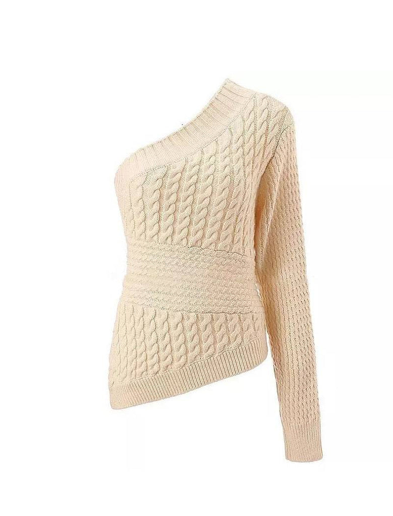 Beige One Shoulder Cable Knit Sweater