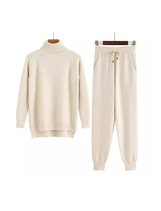 Beige Turtleneck Ribbed Long Sleeve Top and Jogging Pant Coord Set - BEYAZURA.COM