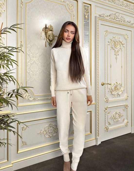 Beige Turtleneck Ribbed Long Sleeve Top and Jogging Pant Coord Set - BEYAZURA.COM