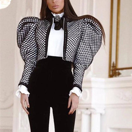 Big Puff Ruched Sleeve Plaid Cropped Jacket - BEYAZURA.COM
