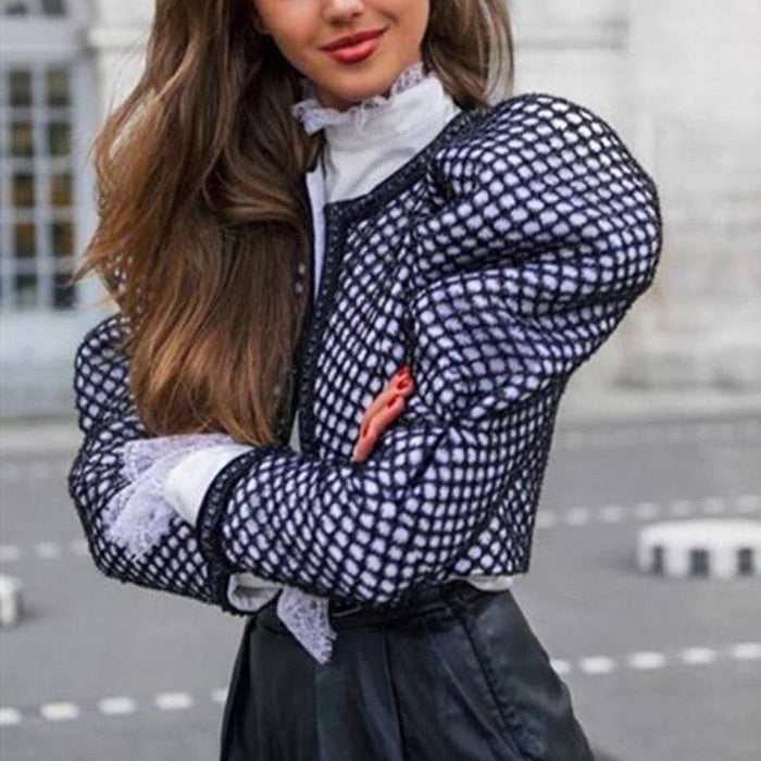 Big Puff Ruched Sleeve Plaid Cropped Jacket - BEYAZURA.COM