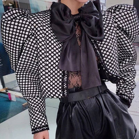 Big Puff Ruched Sleeve Plaid Cropped Jacket - BEYAZURA.COM