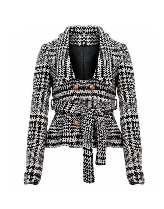 Black and White Belted Plaid Tweed Blazer - BEYAZURA.COM