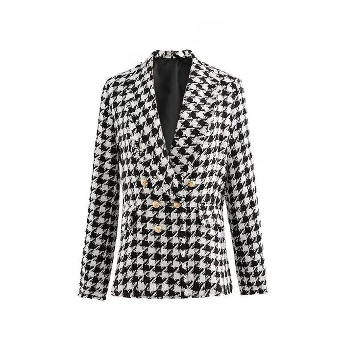 Black And White Houndstooth Blazer Coat With Gold Buttons