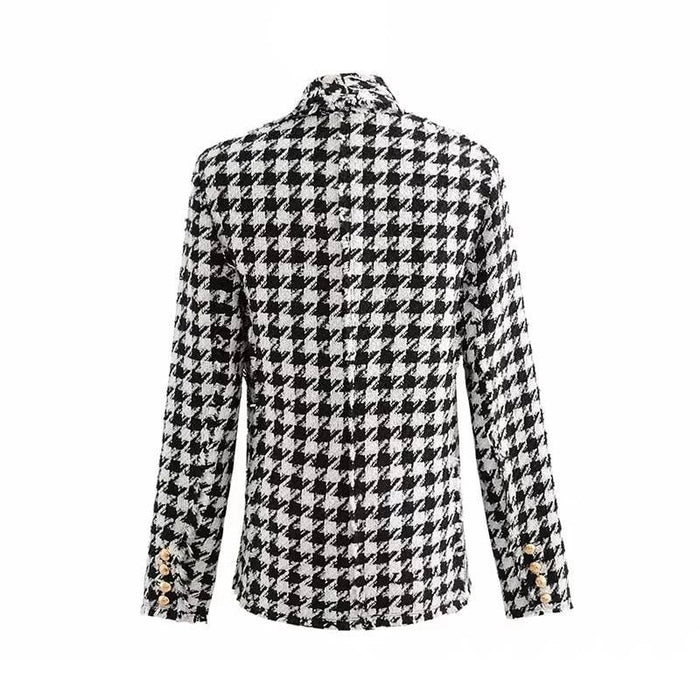 Black And White Houndstooth Blazer Coat With Gold Buttons - BEYAZURA.COM