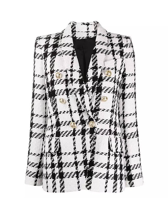 Black and White Tweed Silver Button Blazer - BEYAZURA.COM