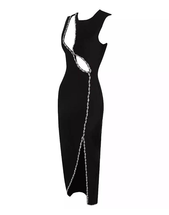 Black Crystal Cutout Midi Dress - BEYAZURA.COM