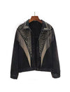 Black Denim Studded and Fringed Jacket - BEYAZURA.COM