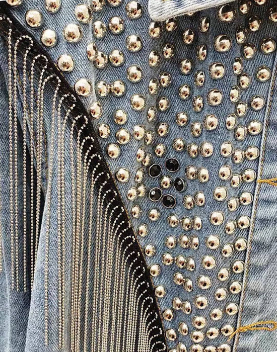 Black Denim Studded and Fringed Jacket - BEYAZURA.COM