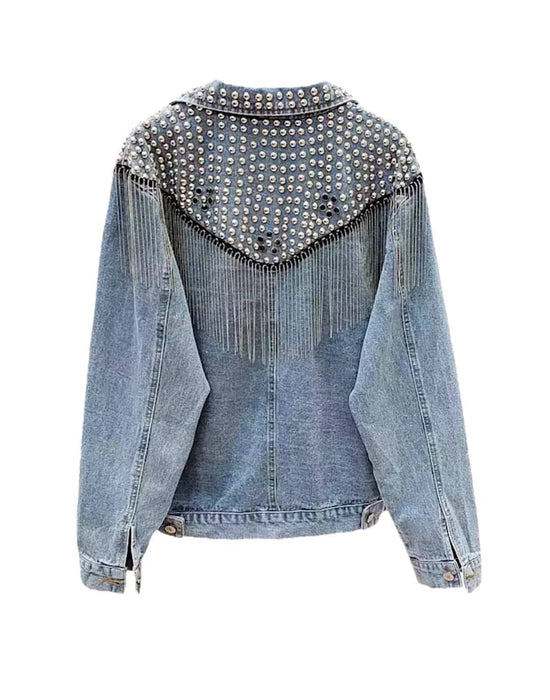 Black Denim Studded and Fringed Jacket - BEYAZURA.COM