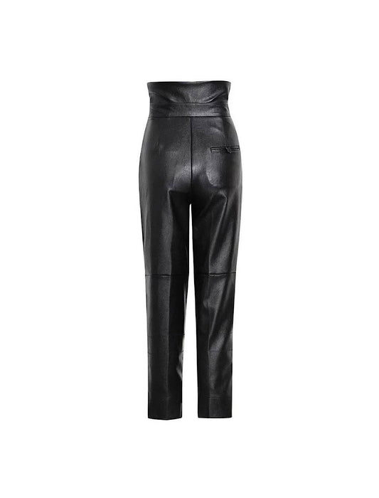 Black Faux Leather High Waisted Trousers - BEYAZURA.COM