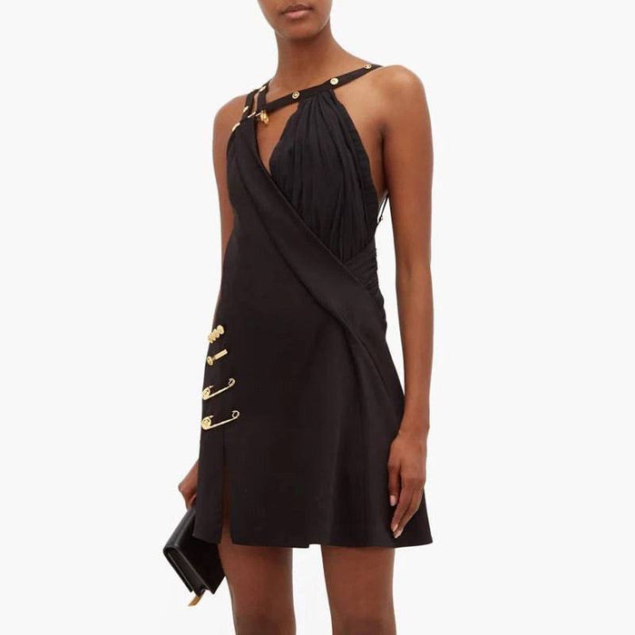 Black Gold Trim Asymmetrical Dress - BEYAZURA.COM