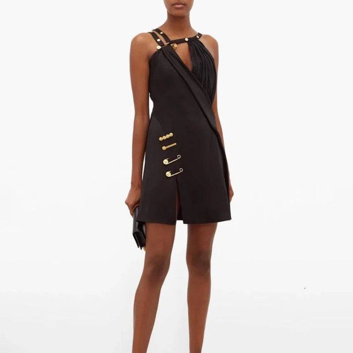 Black Gold Trim Asymmetrical Dress - BEYAZURA.COM