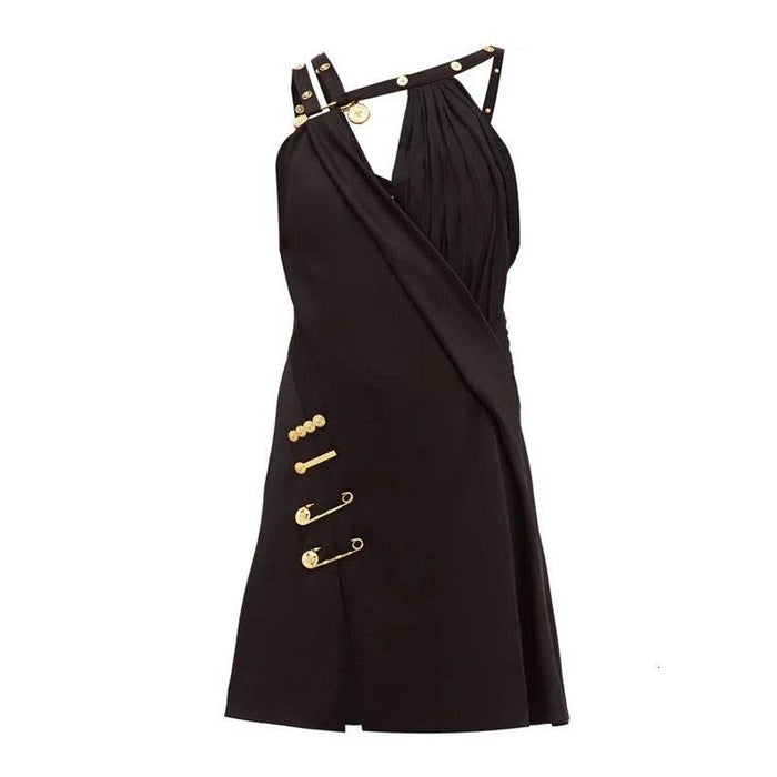 Black Gold Trim Asymmetrical Dress - BEYAZURA.COM