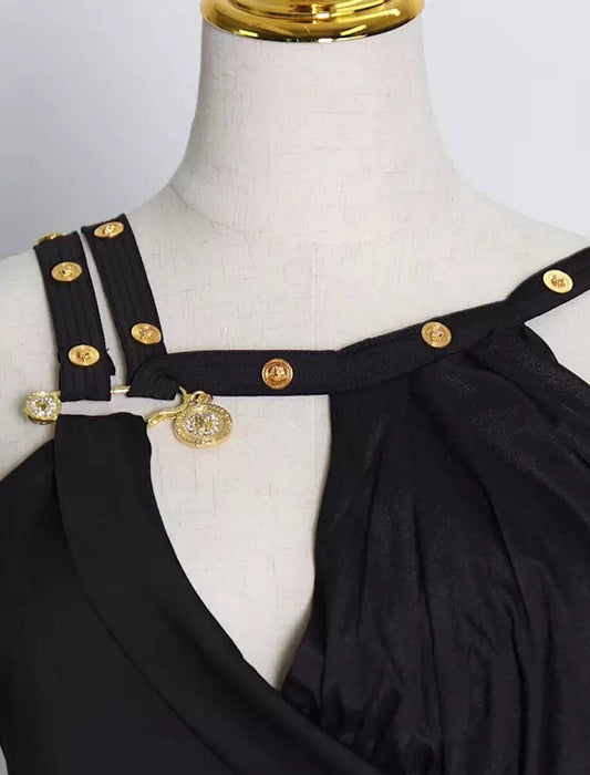 Black Gold Trim Asymmetrical Dress - BEYAZURA.COM