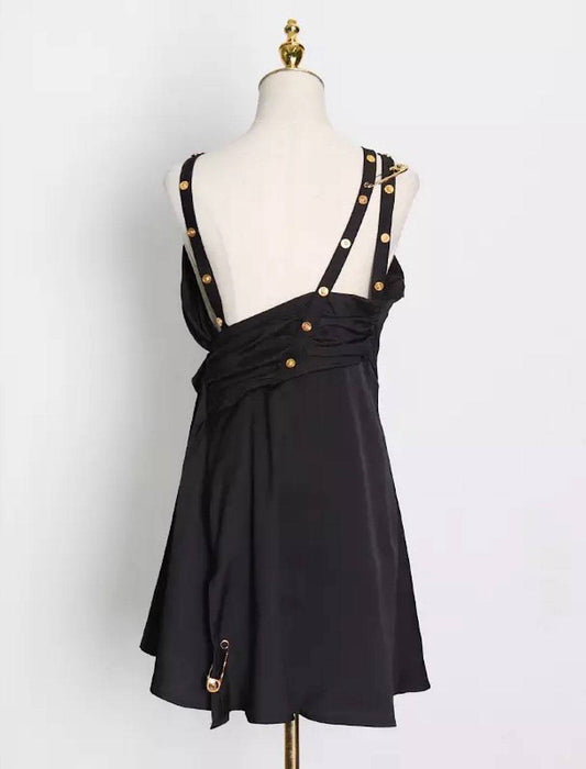 Black Gold Trim Asymmetrical Dress - BEYAZURA.COM