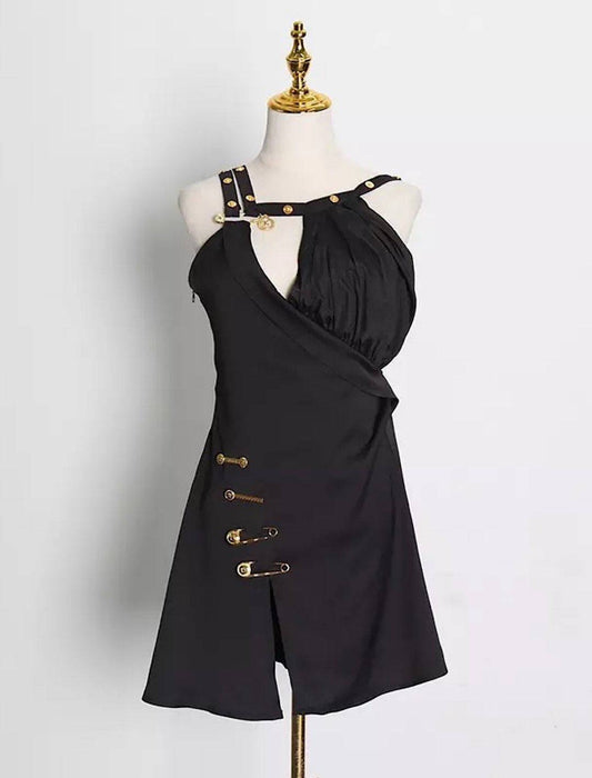 Black Gold Trim Asymmetrical Dress - BEYAZURA.COM