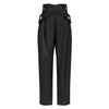 Black High Waisted Ruched Gold Button Pants - BEYAZURA.COM