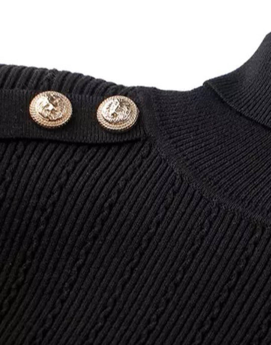 Black Knitted Buttoned Turtleneck Sweater - BEYAZURA.COM