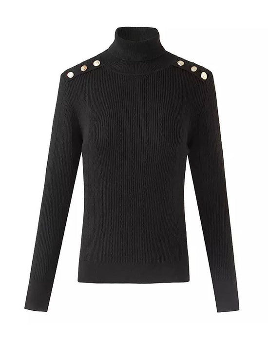 Black Knitted Buttoned Turtleneck Sweater - BEYAZURA.COM