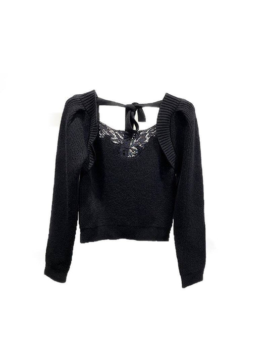 Black Long Sleeve Knit Embroidered Top - BEYAZURA.COM