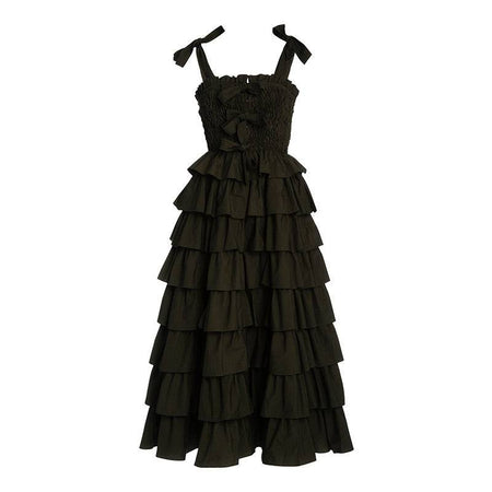 Black Multi Layer Bow Spaghetti Strap Maxi Dress - BEYAZURA.COM