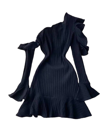 Black One Shoulder Rib Knit Dress - BEYAZURA.COM