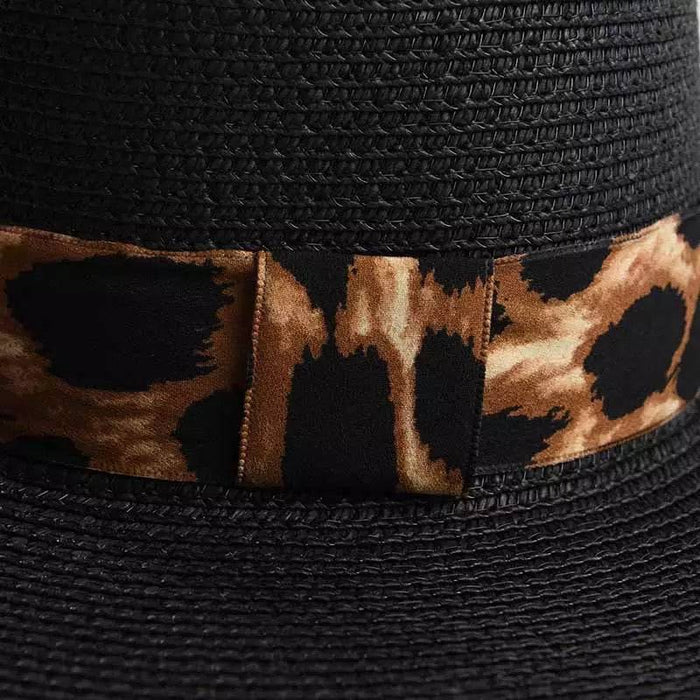 Black Paper Straw Summer Hat With Leopard Ribbon - BEYAZURA.COM