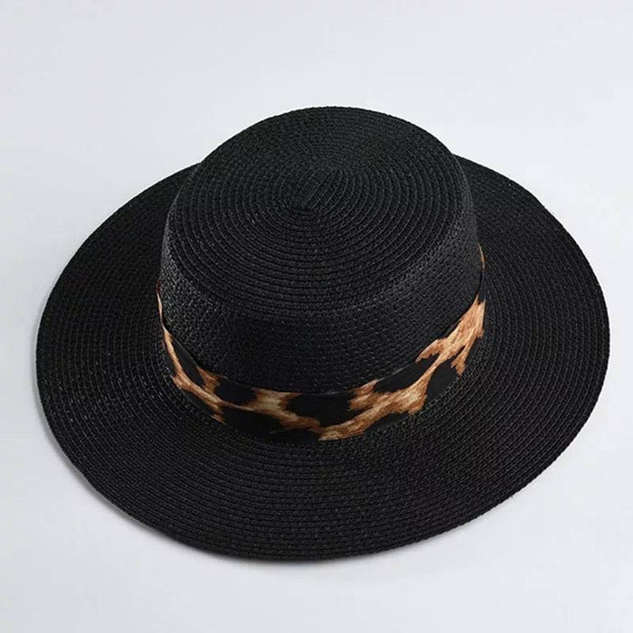 Black Paper Straw Summer Hat With Leopard Ribbon - BEYAZURA.COM