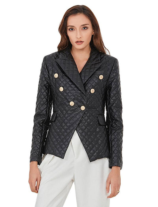 Black Plaid Pattern Pu Leather Jacket Blazer - BEYAZURA.COM