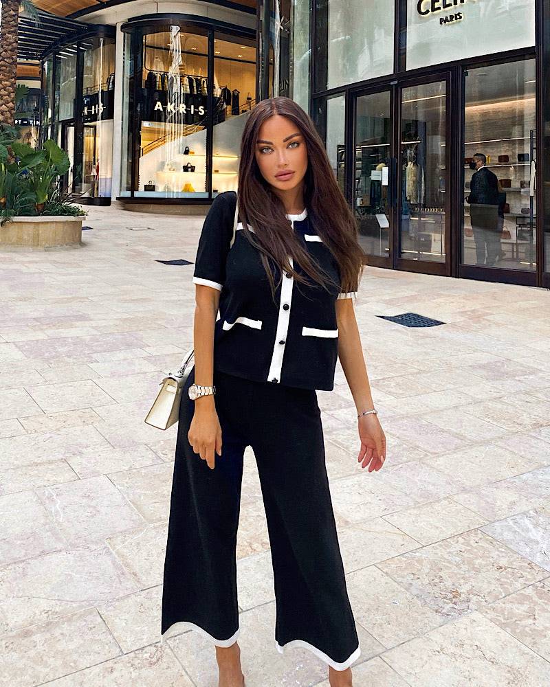 Black Rib Knit Short Sleeve Cardigan And Wide Leg Cropped Pants