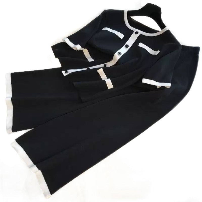 Black Rib Knit Short Sleeve Cardigan And Wide Leg Cropped Pants Two Piece Set - BEYAZURA.COM