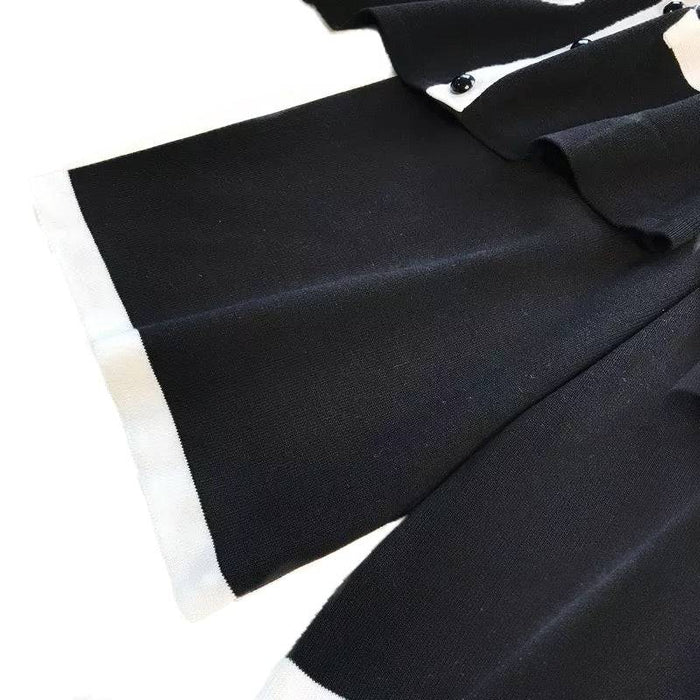 Black Rib Knit Short Sleeve Cardigan And Wide Leg Cropped Pants Two Piece Set - BEYAZURA.COM