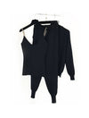 Black Ribbed Knit Chain Camisole Cardigan Pants Three Piece Set - BEYAZURA.COM