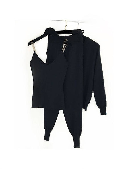 Black Ribbed Knit Chain Camisole Cardigan Pants Three Piece Set - BEYAZURA.COM