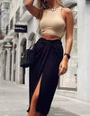 Black Ruched Front Midi Skirt - BEYAZURA.COM
