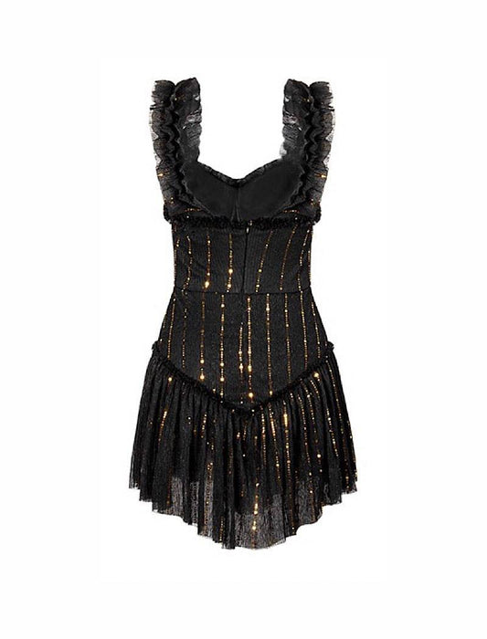Black Ruched Ruffle Sequin Striped Short Dress - BEYAZURA.COM