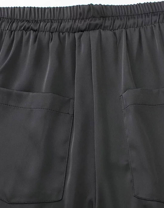 Black Silky Satin Loose Pants Shirt Set - BEYAZURA.COM