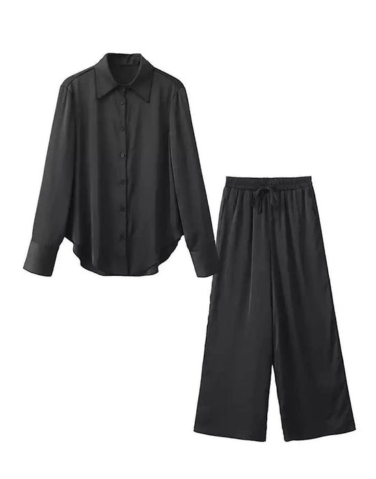 Black Silky Satin Loose Pants Shirt Set