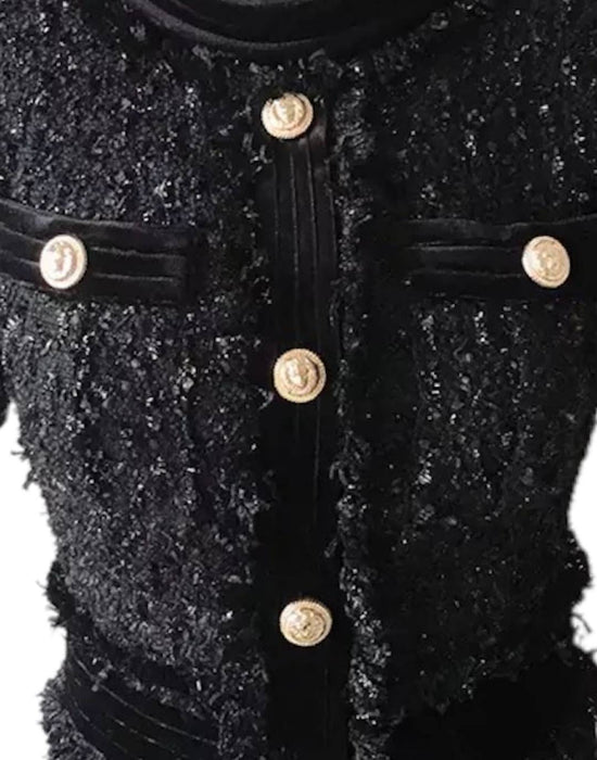 Black Tweed Knit Gold Button Dress - BEYAZURA.COM