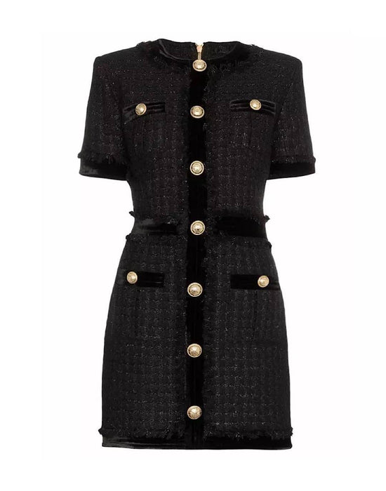 Black Tweed Knit Gold Button Dress - BEYAZURA.COM