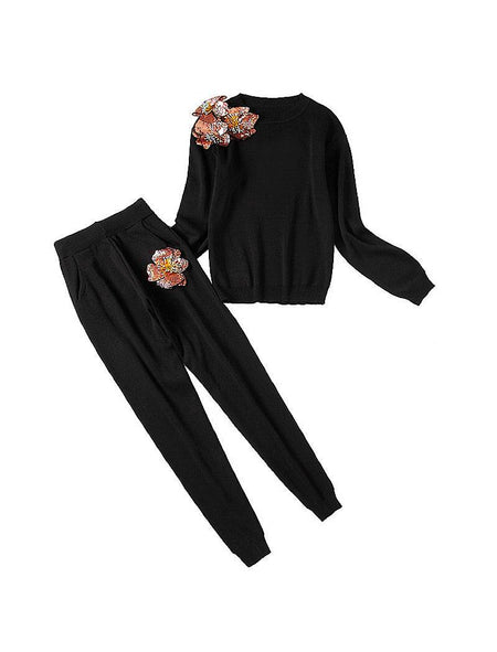 Black Two Piece Knit Set With Sequin Flowers - BEYAZURA.COM